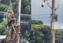 Homens são flagrados rompendo cabo de câmera de segurança na Praça do Relógio, em Belém