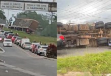 Caminhão tomba no viaduto da BR-316 e causa congestionamento no trânsito