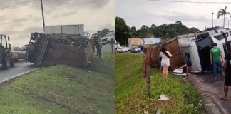 Caminhão tomba no viaduto do Coqueiro e gera congestionamento em Ananindeua