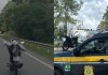 ‘Superman’ é multado após pilotar motocicleta deitado e tentar cobrir placa com a mão