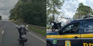 ‘Superman’ é multado após pilotar motocicleta deitado e tentar cobrir placa com a mão