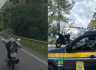 ‘Superman’ é multado após pilotar motocicleta deitado e tentar cobrir placa com a mão