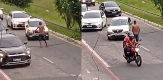Homem anda no meio dos carros e provoca motoristas na avenida Independência em Belém