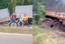 Caminhão perde controle em trecho perigoso da PA-475 e trabalhador fica preso sob ferragens em Moju